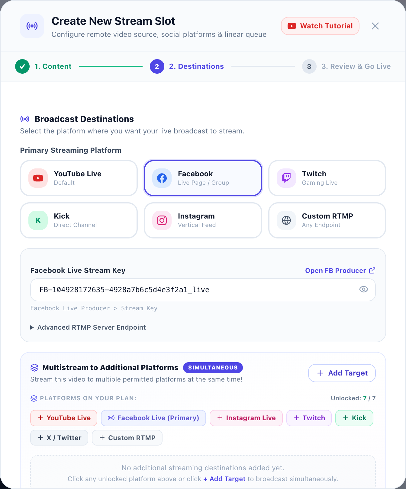 AlwaysLive24 Step 2 Facebook Live Stream Configuration with Server URL and Stream Key