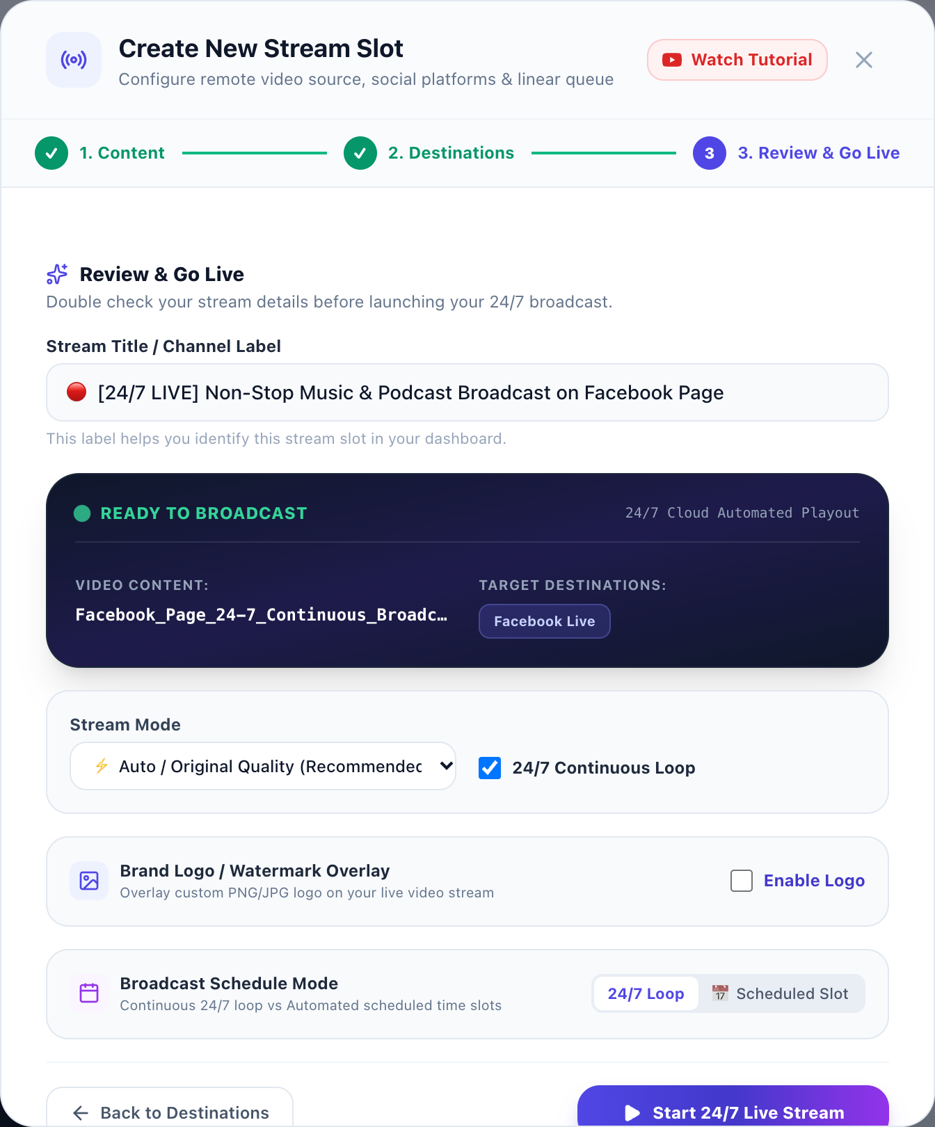 AlwaysLive24 Step 3 Review and Launch with 24/7 Infinite Loop Toggle
