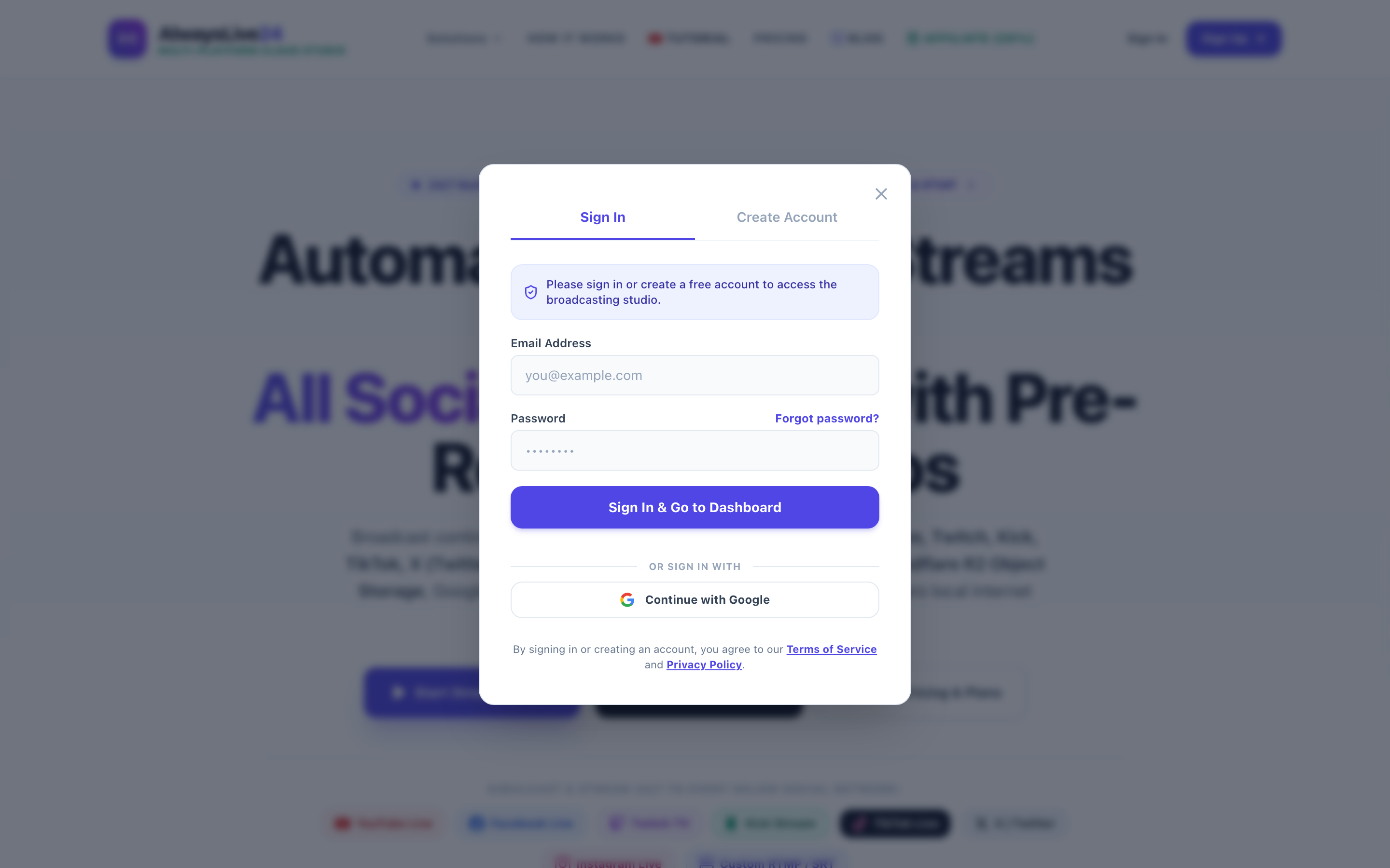 AlwaysLive24 Create Live Stream Modal with 24/7 Loop toggle and Direct Link Ingest