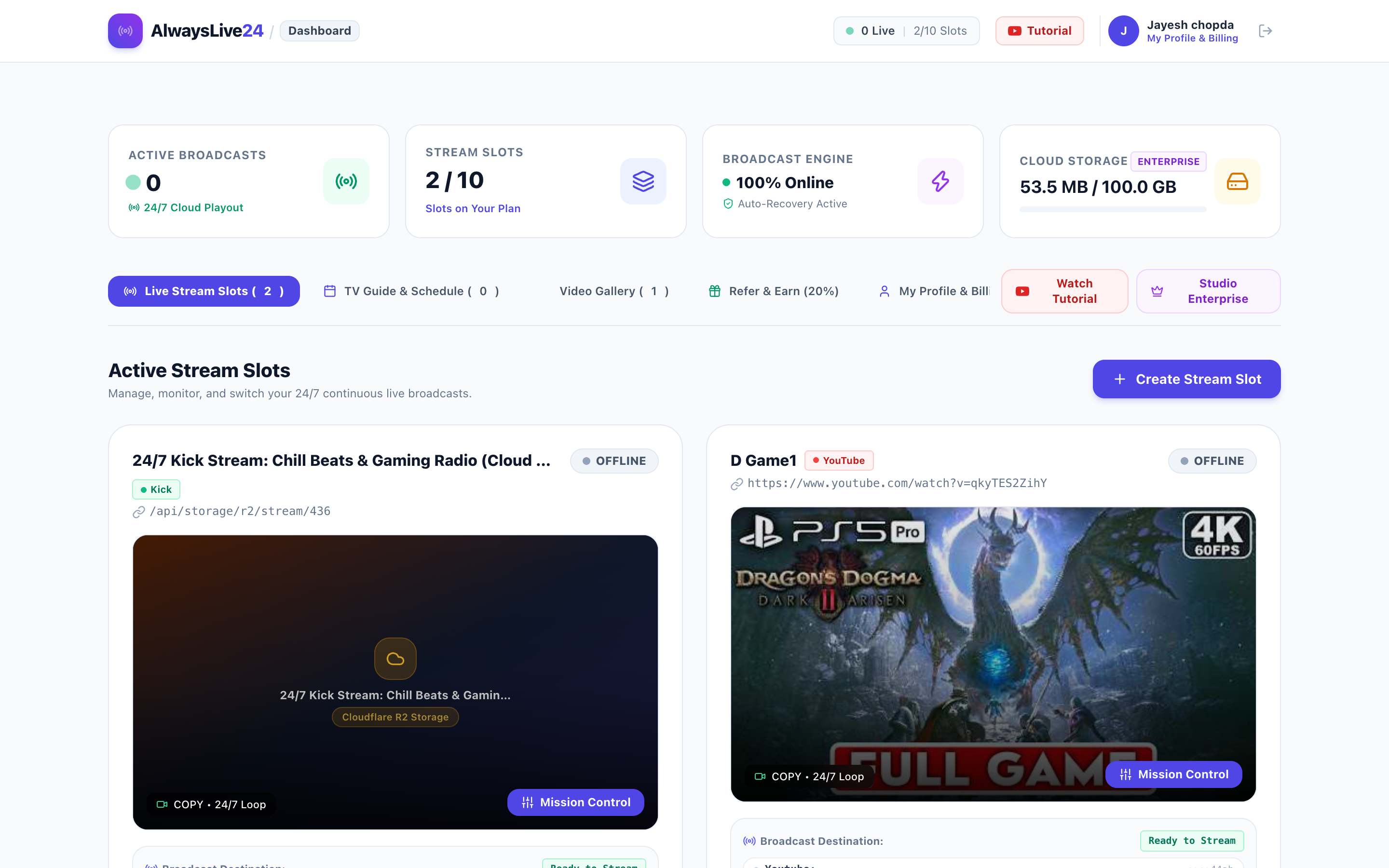 AlwaysLive24 Active Dashboard showing 24/7 Kick live stream slot with 0% CPU and live stats